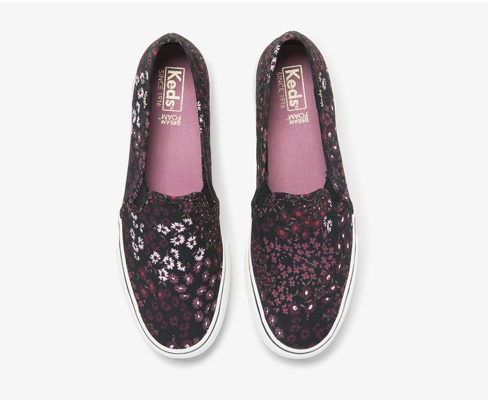 Slip On Γυναικεια - Keds Washable Double Decker Floral - Μαυρα/Πολύχρωμο - ZBTUE0726